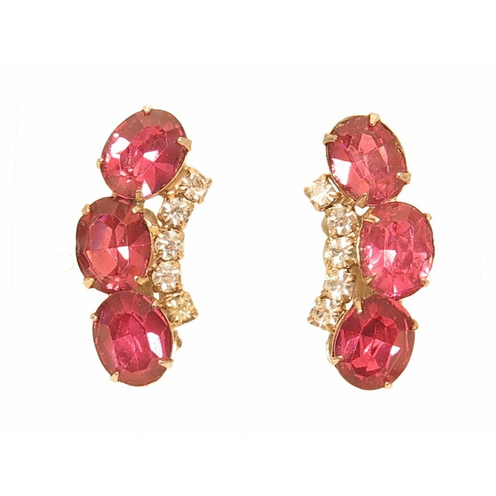 VINTAGE SPARKLING PINK & CLEAR RHINESTONES SILVER‎ TONED CLIP-ON EARRINGS